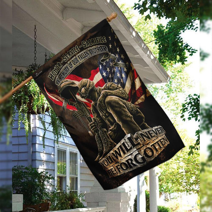 In Memory Of Our Fallen Brothers You Will Never Be Forgotten Veterans American Flag | Garden Flag | Double Sided House Flag - GIFTCUSTOM