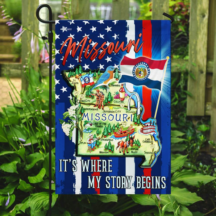 Missouri. It’s Where My Story Begins Flag | Garden Flag | Double Sided House Flag - GIFTCUSTOM