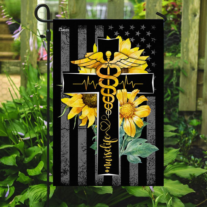 Nurse Life Sunflower Christian Cross Flag | Garden Flag | Double Sided House Flag - GIFTCUSTOM