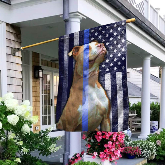 Pit Bull Police Dog The Thin Blue Line America Flag | Garden Flag | Double Sided House Flag - GIFTCUSTOM