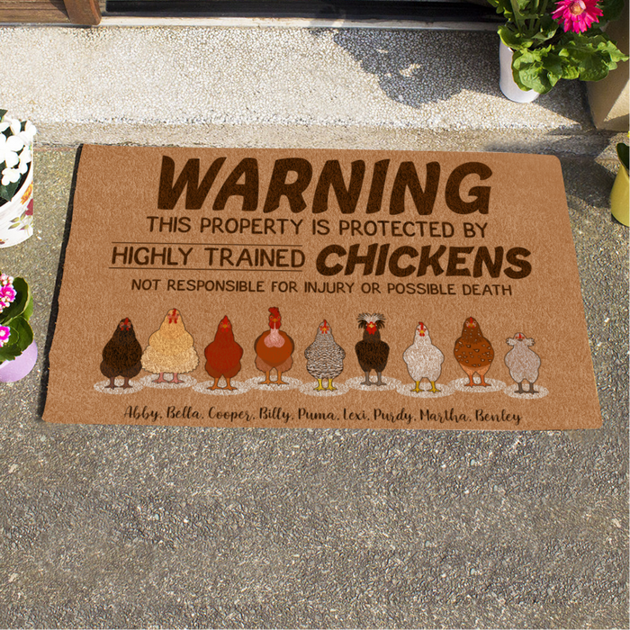 Chicken, Warning Property is Protected By Highly Trained Chickens, Personalized Doormat HQ