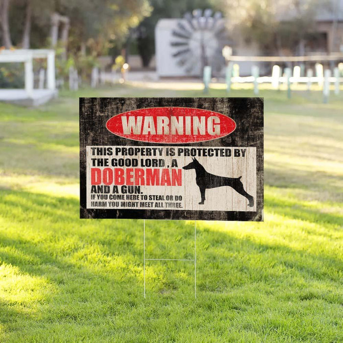 Protected By The Good Lord, A Doberman And A Gun Yard Sign (24 x 18 inches) - GIFTCUSTOM