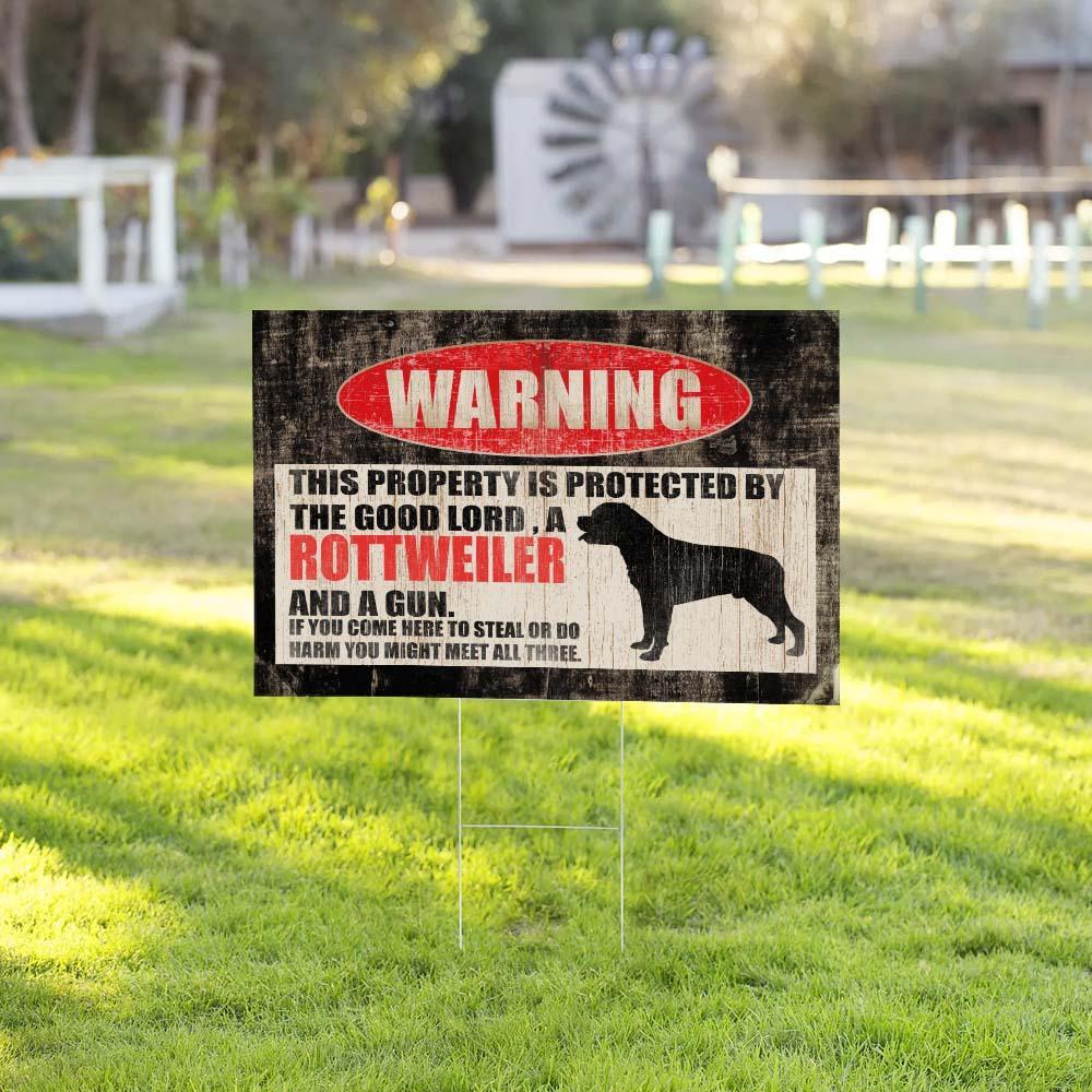 Protected By The Good Lord, A Rottweiler And A Gun Yard Sign (24 x 18 inches) - GIFTCUSTOM