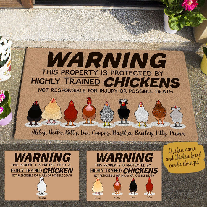 Chicken, Warning Property is Protected By Highly Trained Chickens, Personalized Doormat HQ