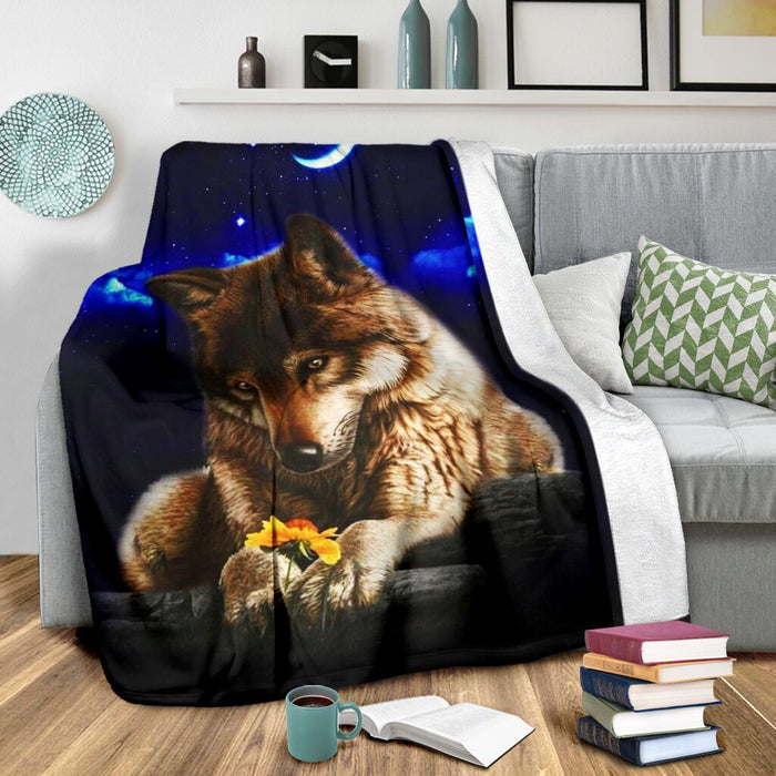 Wolf with sunflower in winter night blanket - GIFTCUSTOM