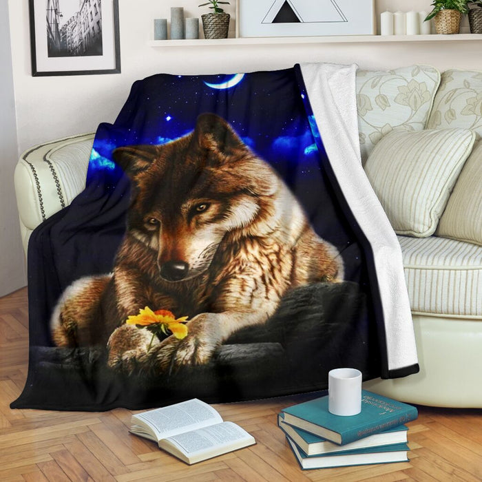 Wolf with sunflower in winter night blanket - GIFTCUSTOM