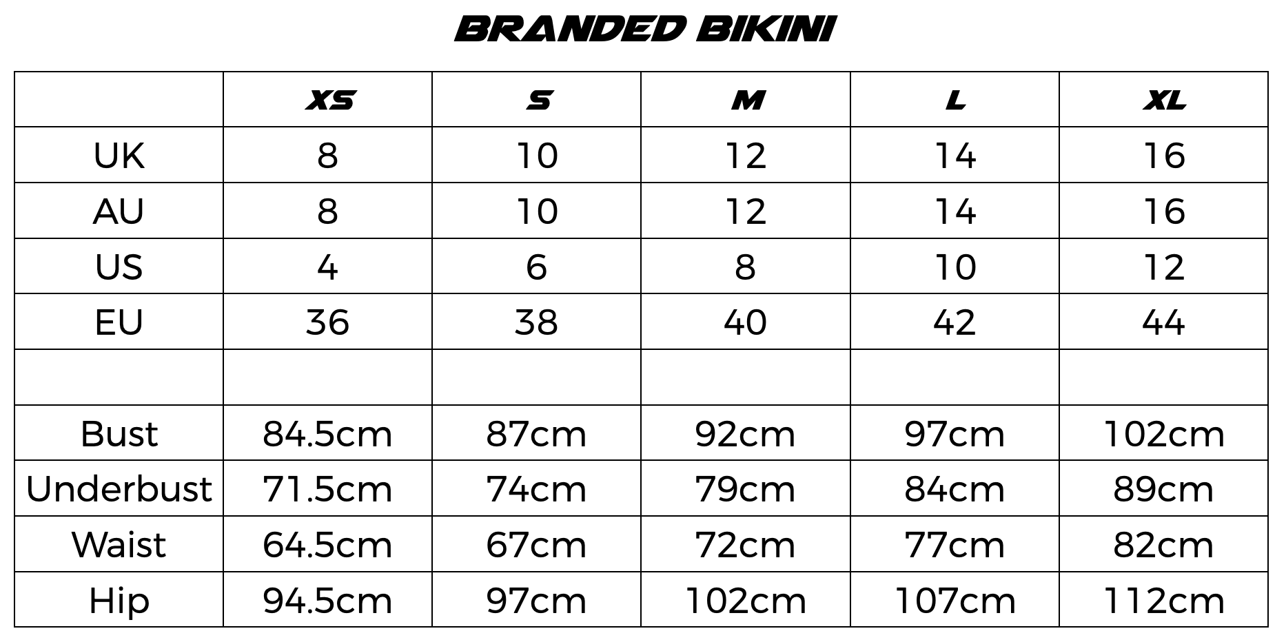 Branded Bikini Measurements