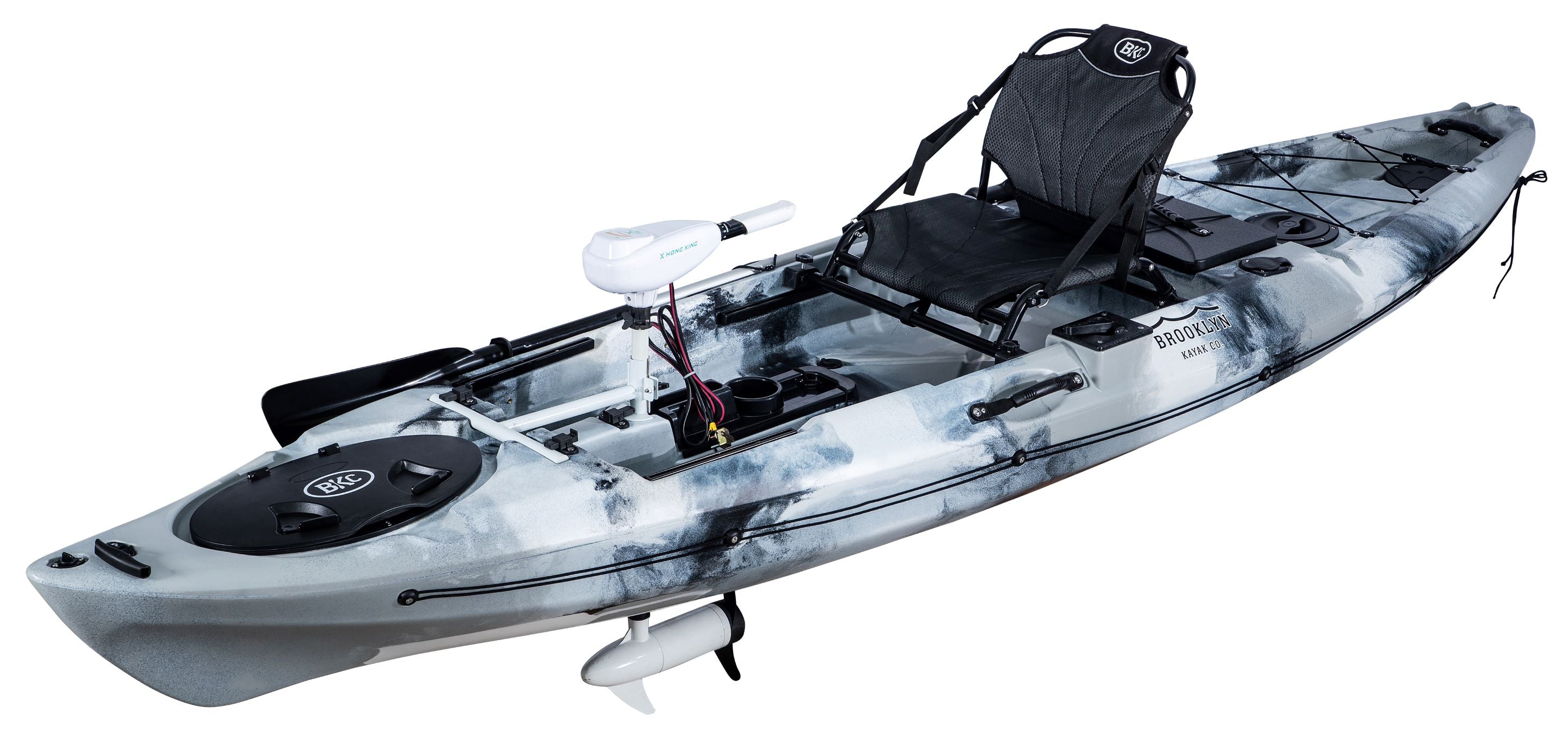 BKC PK12 Angler 12-foot Sit On Top Single Fishing Kayak Motorized w/  Trolling Motor, Paddle, and Upright Aluminum Seat