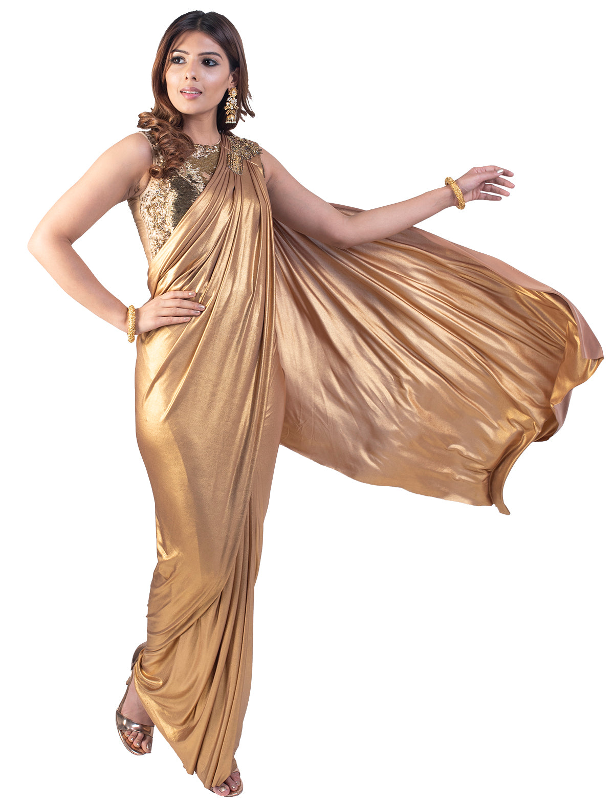 Golden Pre-Stitched Saree With Matching Beaded Blouse ...