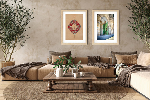 Neutral lounge with two wooden framed Islamic art prints