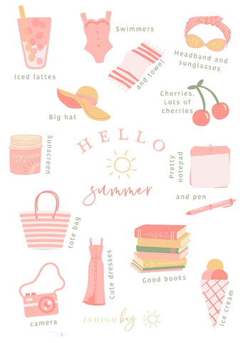 Hello Summer postcard with illustrations of things I'd love to have this summer