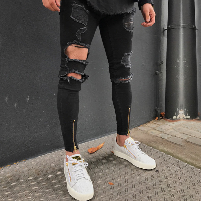 Black Skinny Ripped Ankle Zipper Jeans – Men's Luxury Boutique - X9X™