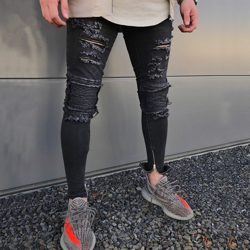 Destroyed Black Skinny Ripped Ankle Zipper Jeans – Men's Luxury ...