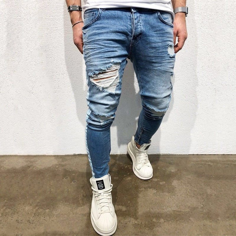 Destroyed Knee Ripped Side Stripe/Zipper Skinny Jeans – Men's Luxury ...