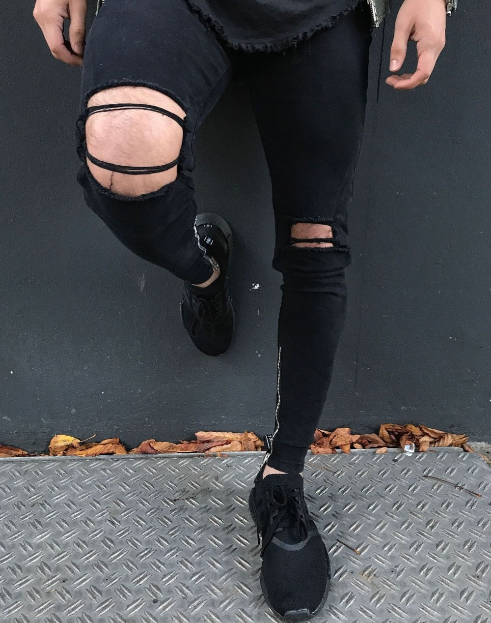 Black Skinny Knee Ripped Ankle Zipper Jeans – Men's Luxury Boutique - X9X™
