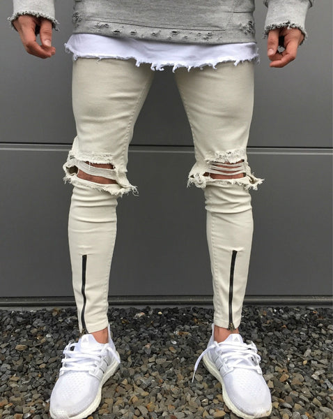 Khaki Skinny Knee Ripped Ankle Zipper Jeans – Men's Luxury Boutique - X9X™