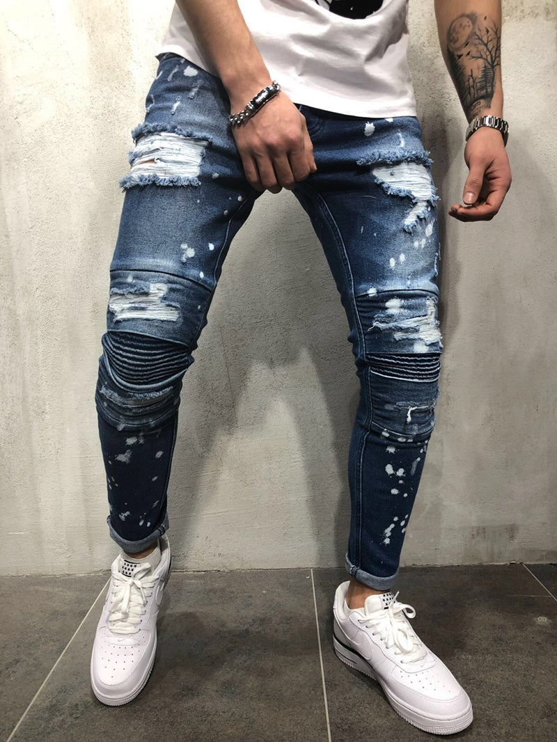 Blue Distressed Paint Detail Skinny Ripped Jeans – Men's Luxury ...