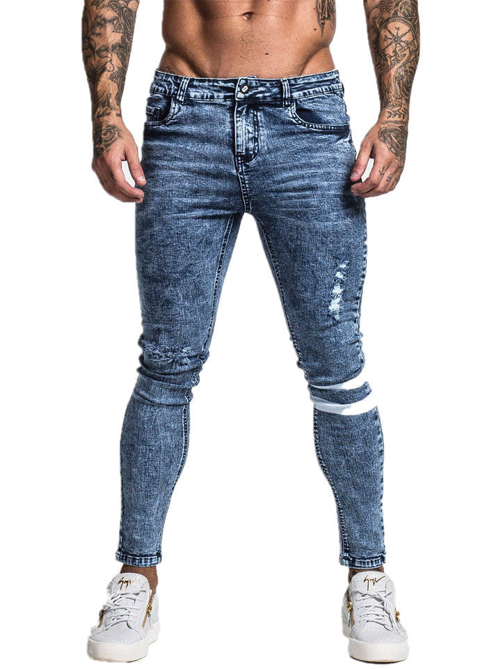3749 Stonewashed Blue Knee Band Skinny Spray On Jeans – Men's Luxury ...