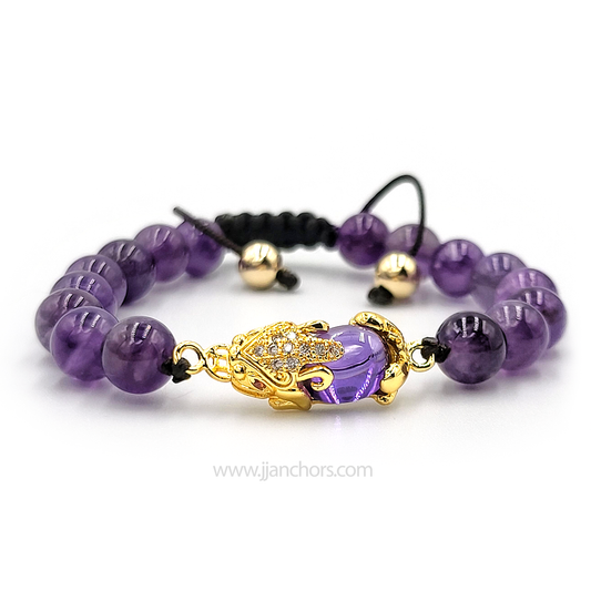 Purple Amethyst Crystal 8mm Beads 24K Premium Gold Plated Pixiu