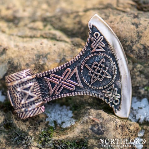 Double Axe Pendant, Viking Pendant With Norse Ornaments and Dagaz rune, Bronze - Northlord (4)