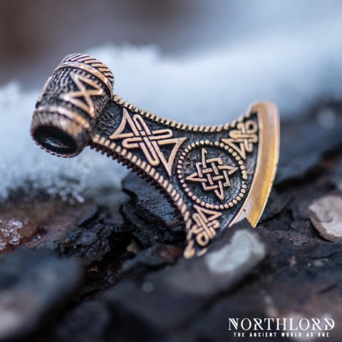 Double Axe Pendant, Viking Pendant With Norse Ornaments and Dagaz rune, Bronze - Northlord (5)