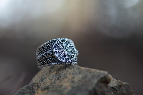 Helm Of Awe Ring, Viking Ring With Norse Ornaments, Oxidized Sterling Silver - Northlord