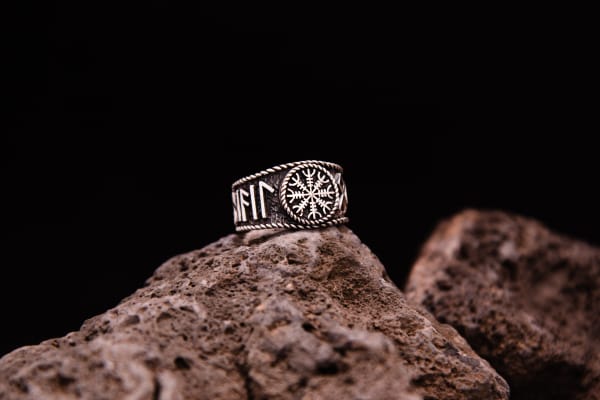 Helm Of Awe Ring With Runic Inscription Hail  odin, Sterling Silver - Northlord