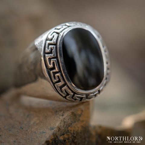 Oval Greek Ring With Meander and Black Onyx Sterling Silver - Northlord