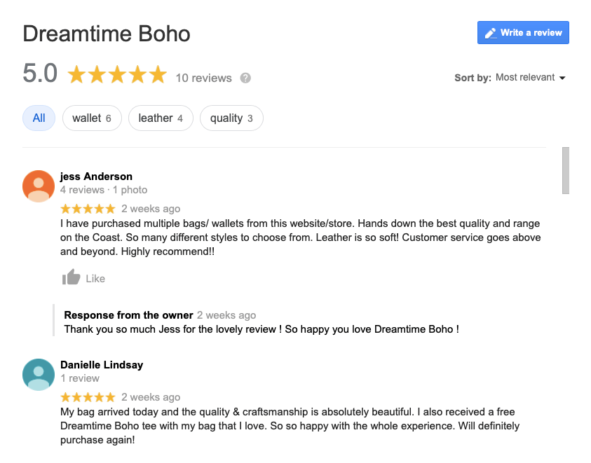 Dreamtime Boho Google Reviews