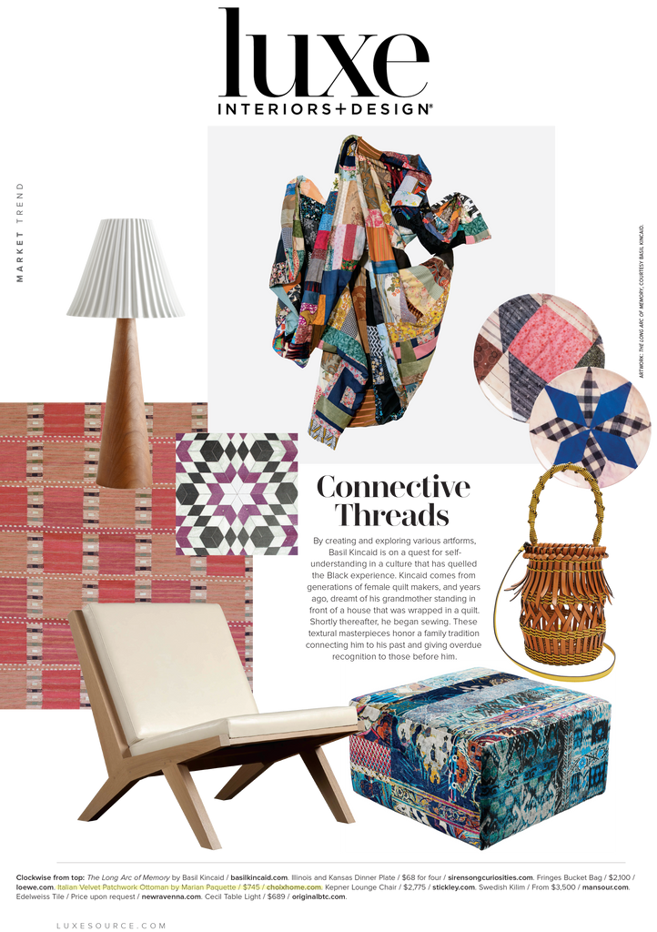 Marian Paquette Velvet Patchwork Ottoman in Luxe Magazine Jan 2021