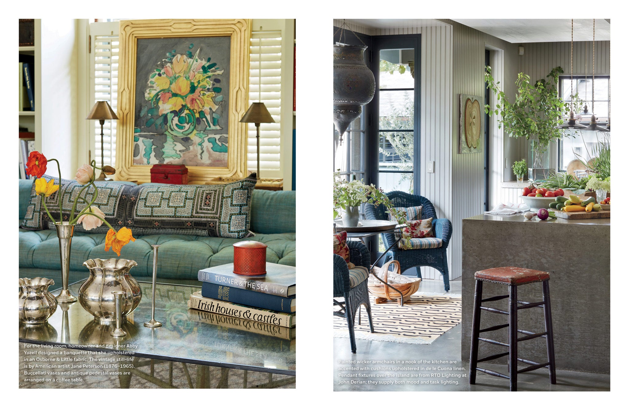 milieu-mag-photograph-of-living-room-with-banquette-and-silver-vases-left-photograph-of-kitchen-with-waterfall-concrete-counter-and-john-derian-lamps-right