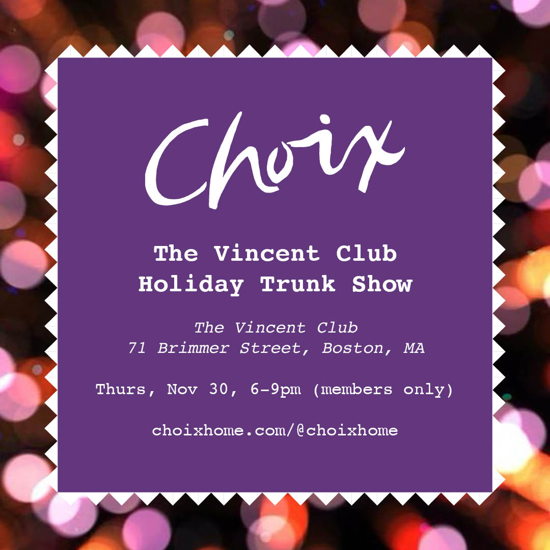 Invitation to the Holiday Trunk Show at the Vincent Club in Boston, Thursday November 30th, 2023