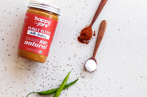 happy jars chilli chutney peanut butter is a high protein mildly spicy peanut butter which is great for indian breakfasts like poha dosa and chilla