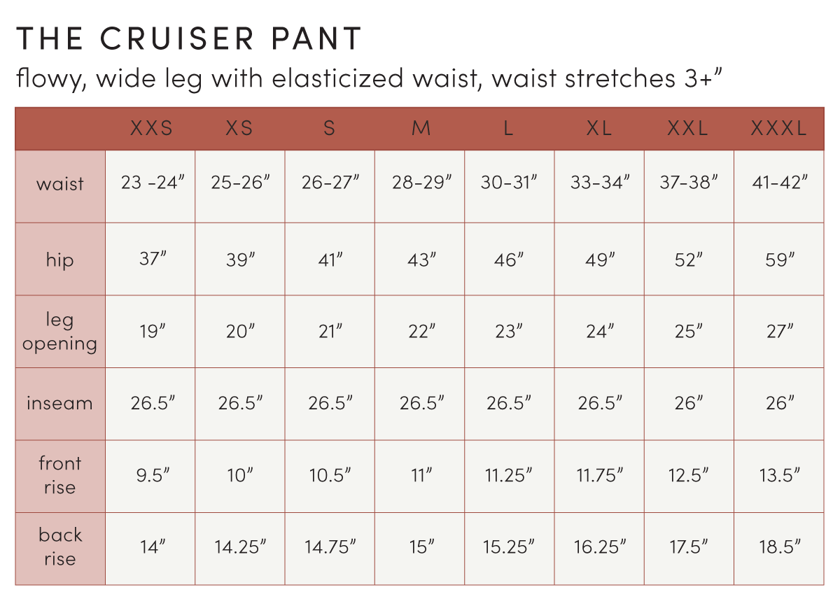 Size guide cruiser travel pant