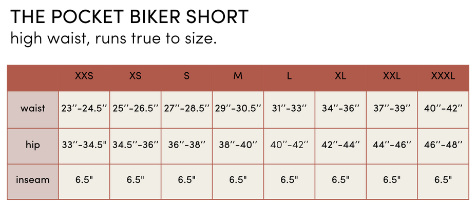 Size chart for the pocket biker short from wayre