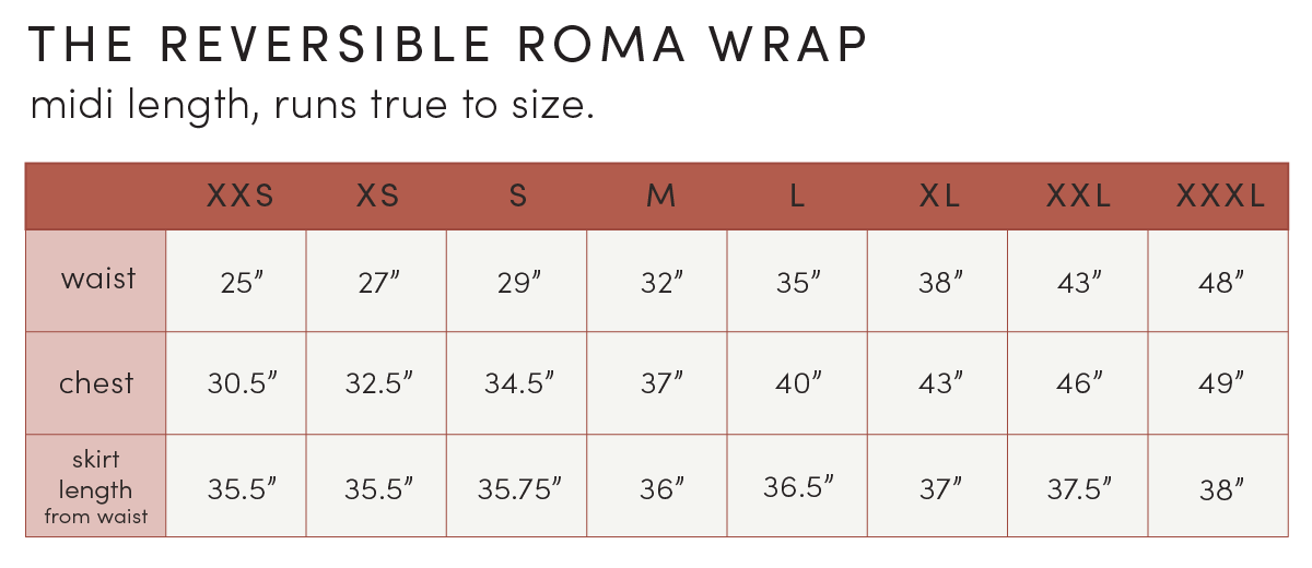 roma reversible wrap dress size chart