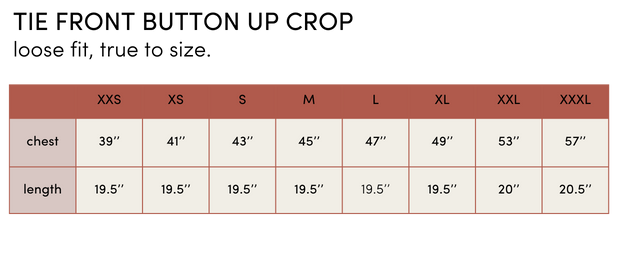tie front button up crop size chart