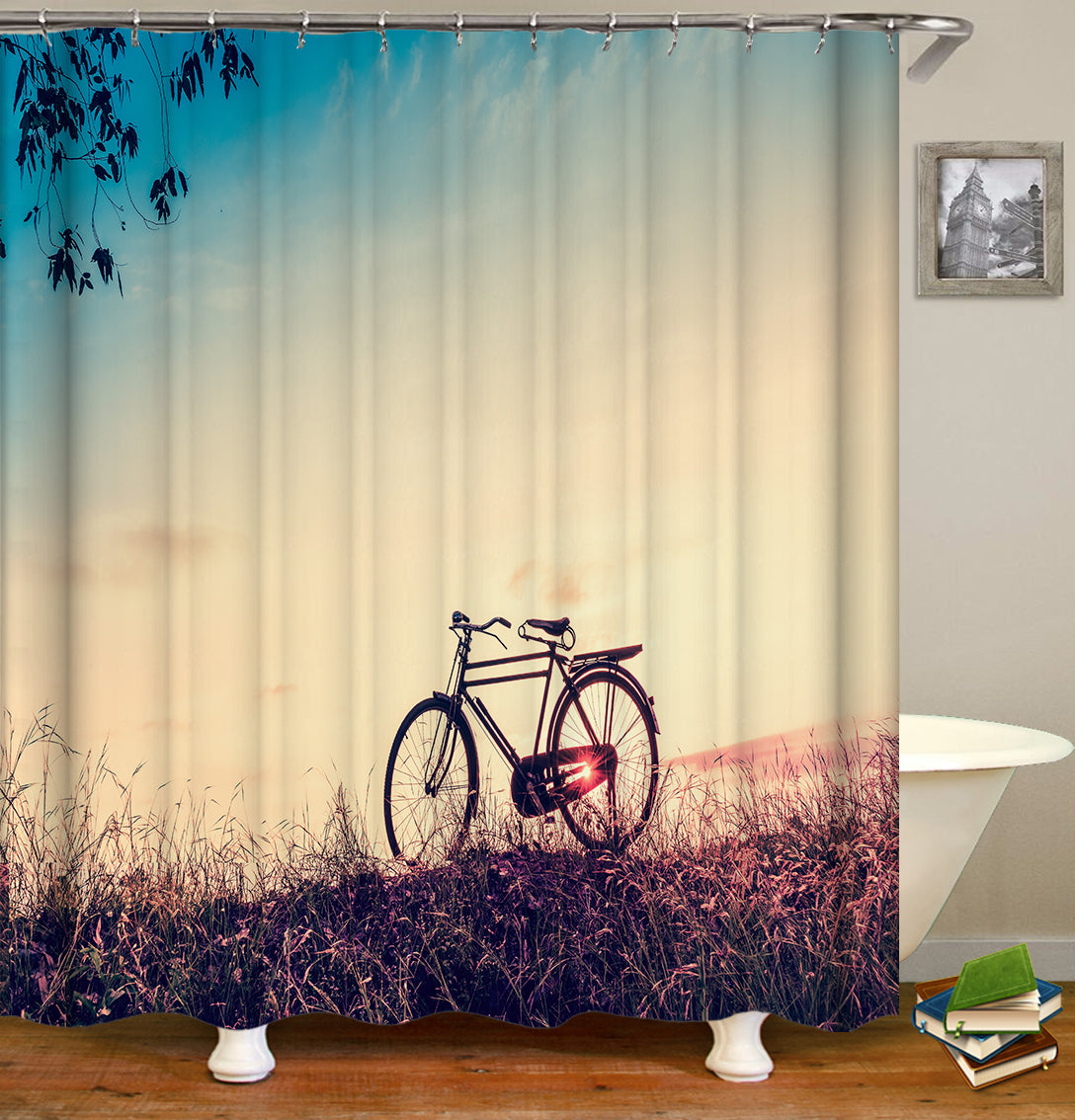 Bicycle Shower Curtains Fabric Elegant Teal Polyester Cloth Print Bathroom Curtains Fabric Shower Curtains