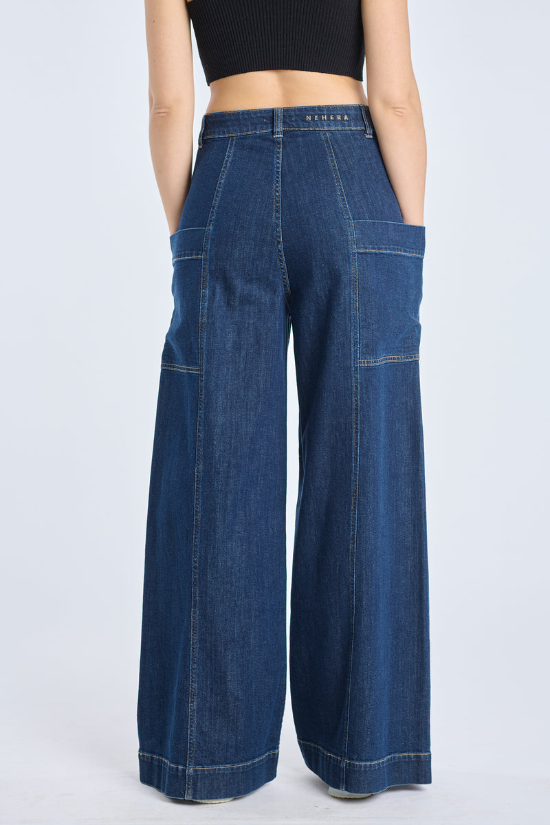 Indigo blue washed denim wide pants – NEHERA