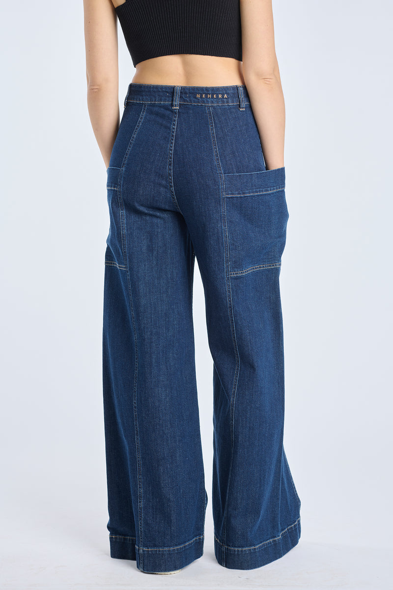 Indigo blue washed denim wide pants – NEHERA