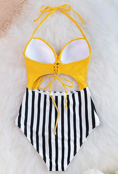 CUPSHE SMALL Women's Stripe Halter Cutout Lace Up Molded Cups One Piece Swimsuit