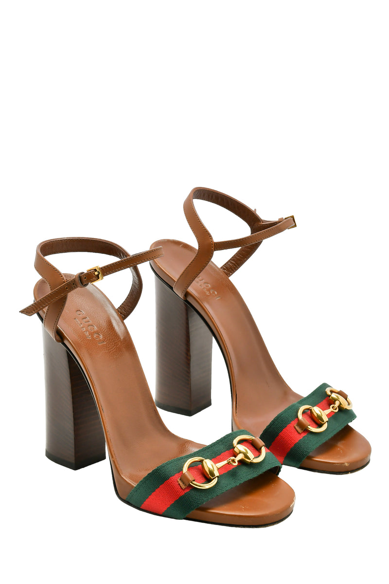 Gucci Brown Leather Horsebit Web Ankle Strap Sandals – The Plush Posh