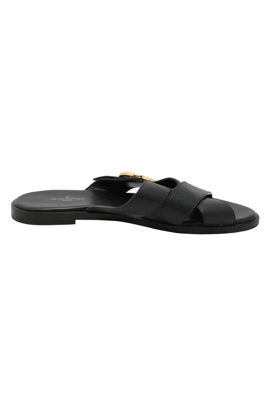 Louis Vuitton Black Leather Crisscross Strap Flat Slides Size 43