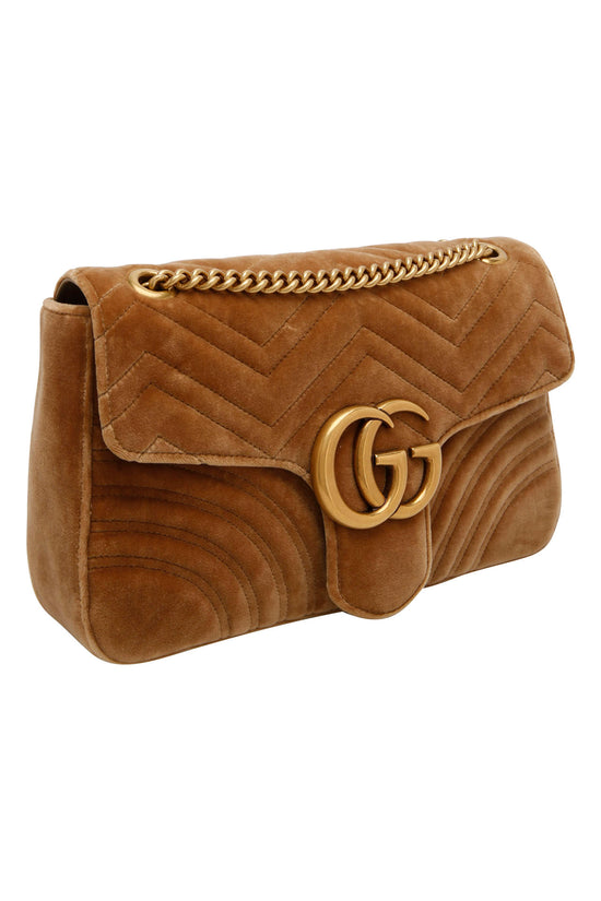 Gucci Velvet Matelasse Medium GG Marmont Shoulder Bag Brown