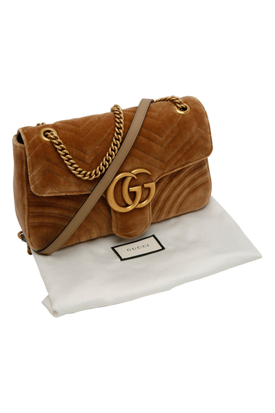 Gucci GG Marmont Velvet Medium Matelassé Shoulder Bag Beige