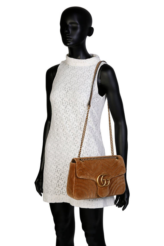 Gucci GG Marmont Velvet Medium Matelassé Shoulder Bag Beige