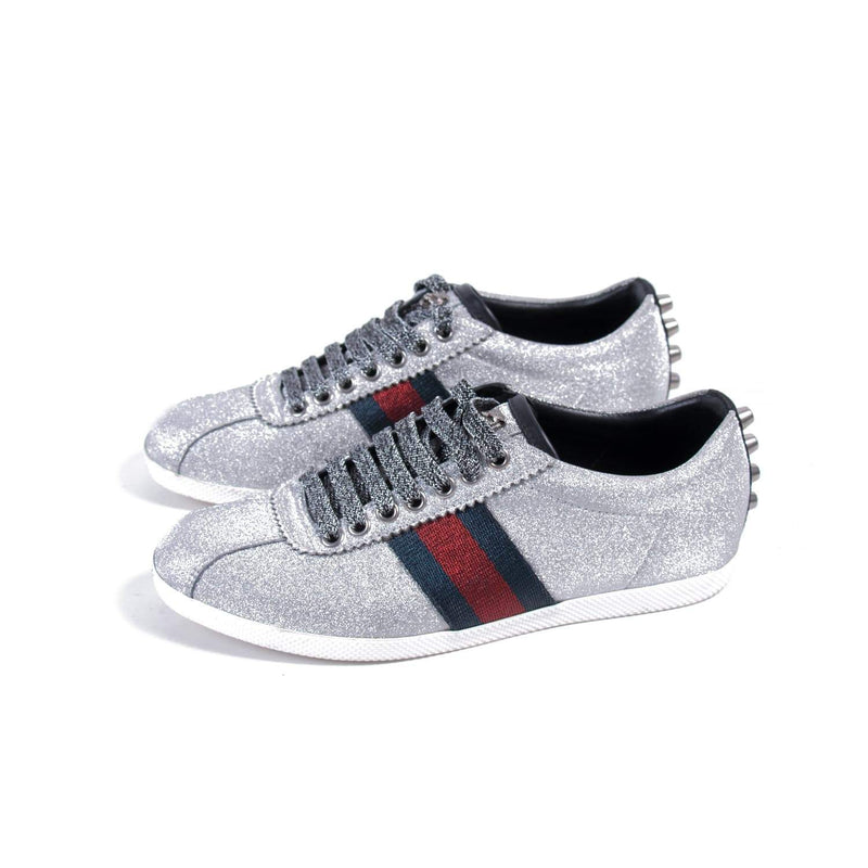 Gucci Glitter Fabric Studded Web Sneakers Silver 36 – The Plush Posh