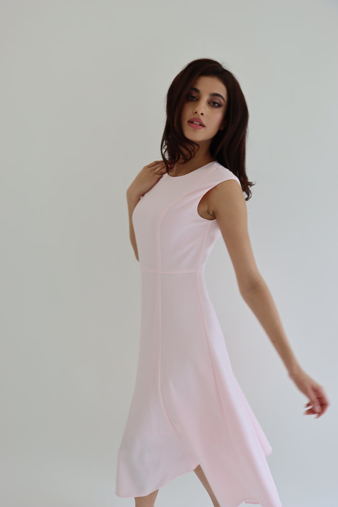 Elegant Office A Line Midi Dress in Light Pink — Miss Metier