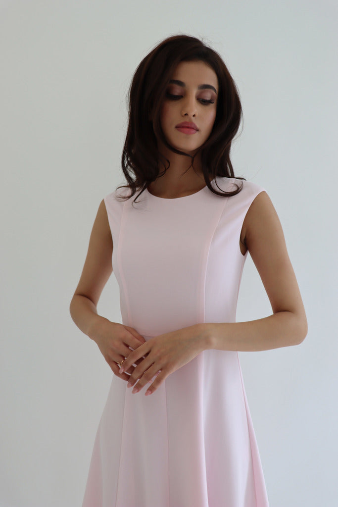 Elegant Office A Line Midi Dress in Light Pink — Miss Metier