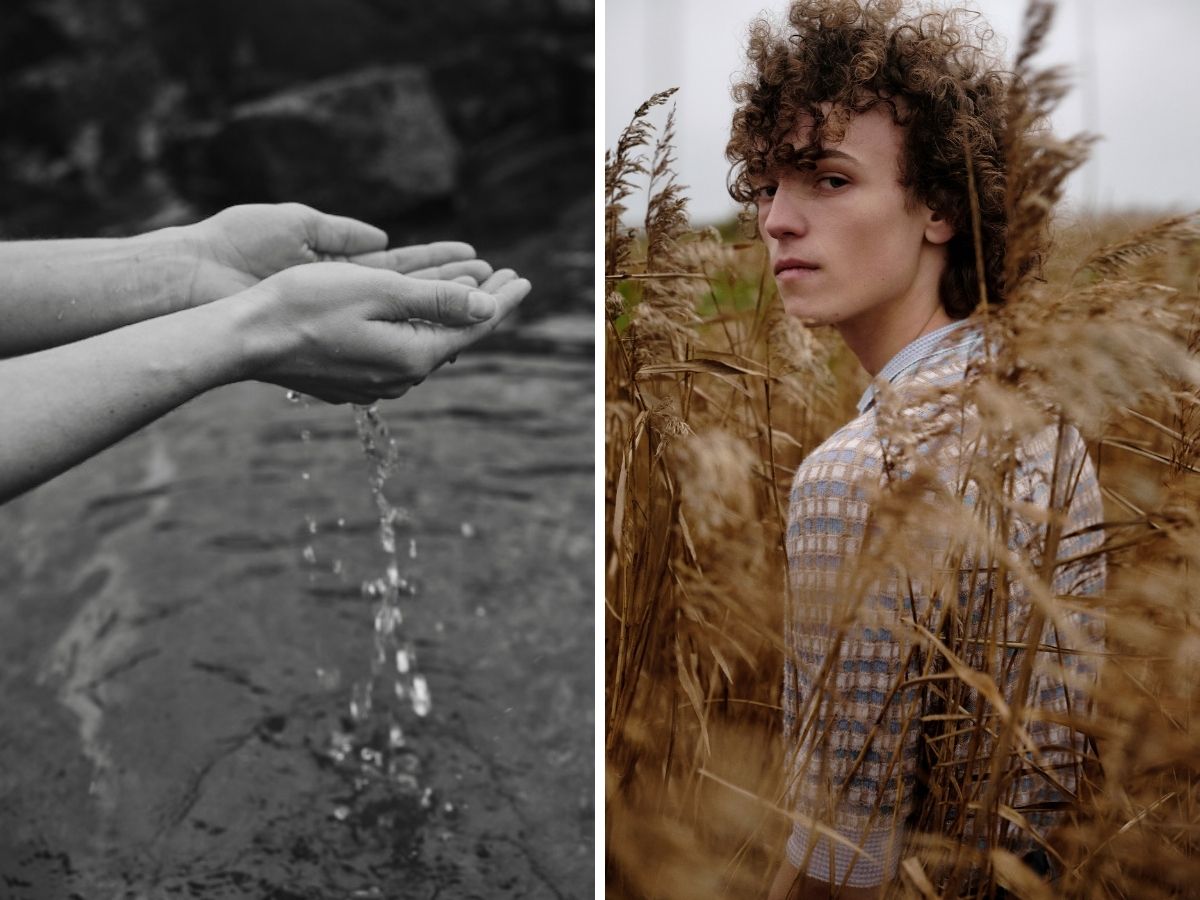 Handen onder stromend water en een man met krullend haar in een maïsveld